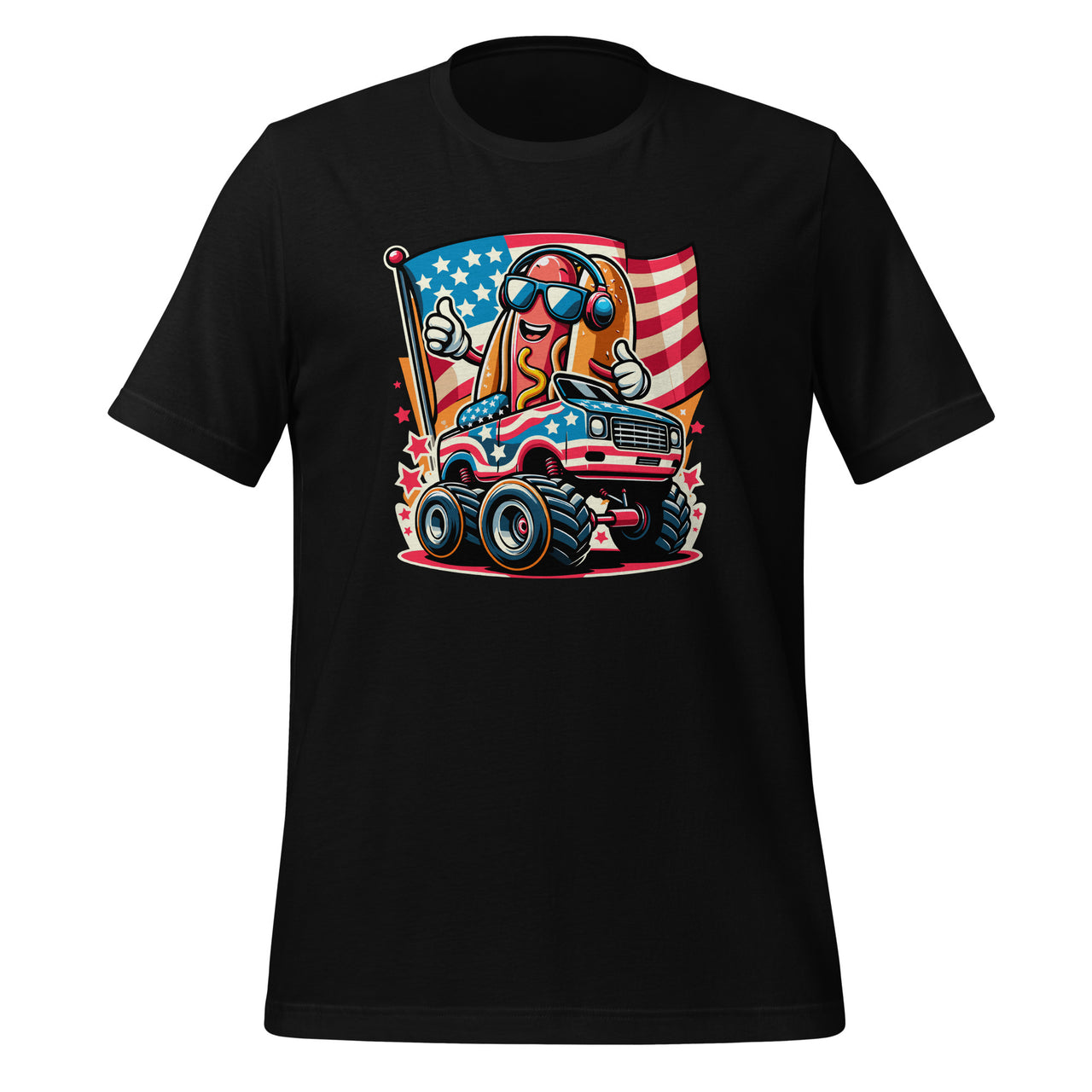 4th Of July Hotdog Sunglasses Monster Truck American Flag Unisex T-Shirt