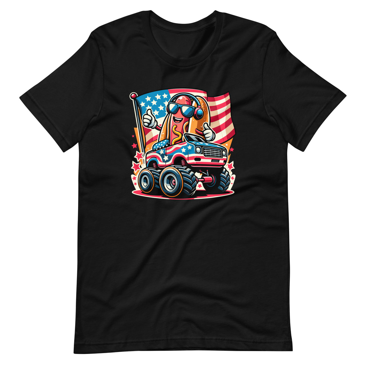 4th Of July Hotdog Sunglasses Monster Truck American Flag Unisex T-Shirt