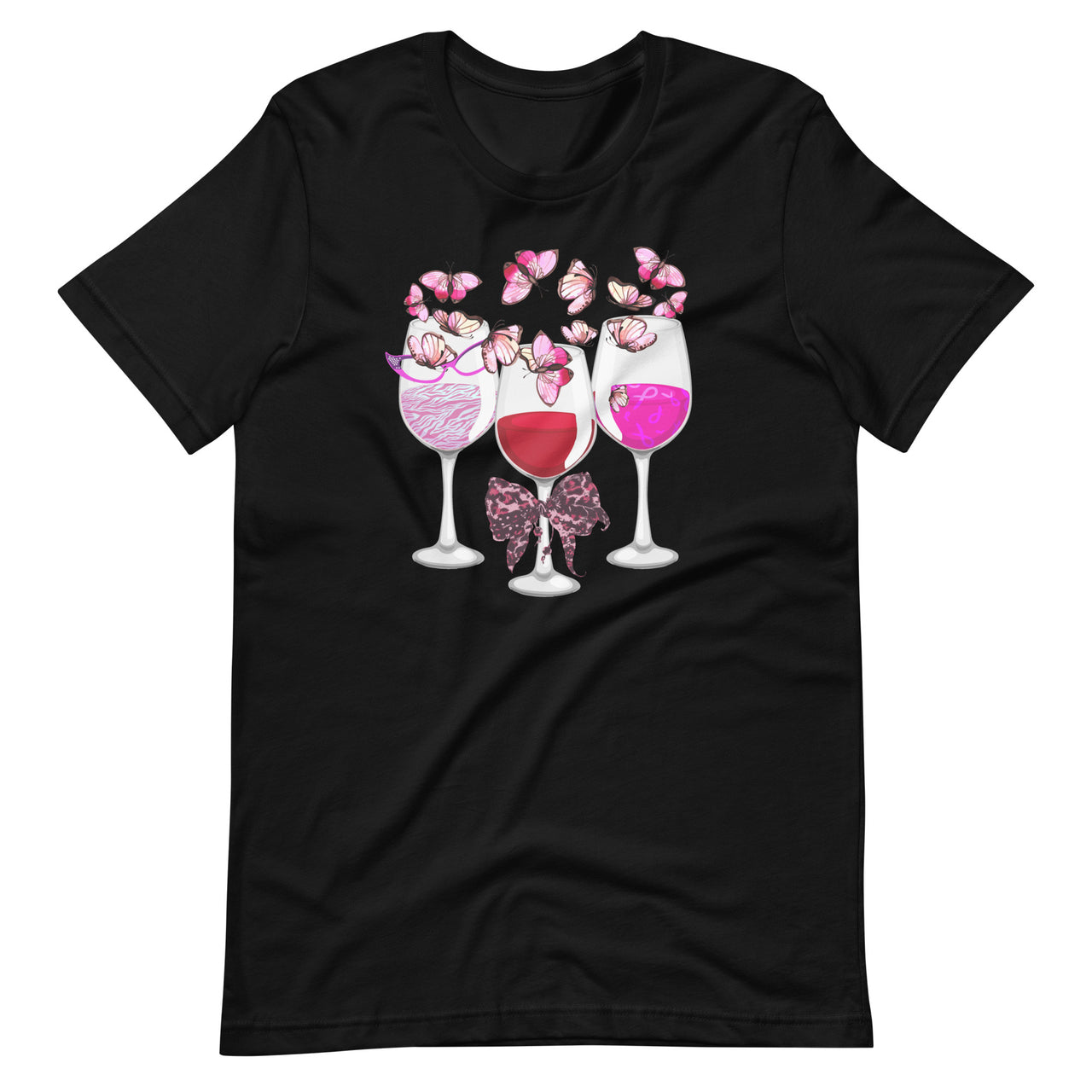 Wine Glass Butterfly Pink Ribbon - Breast Cancer Awareness Short-Sleeve Unisex T-Shirt